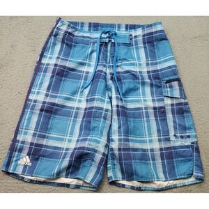 Adidas Boardshorts Mens Medium Multi Plaid Swimwear Logo Patch Pocket Drawstring